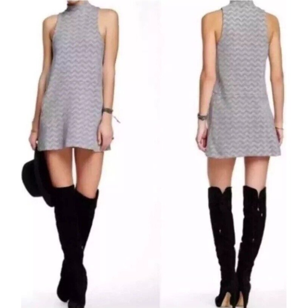 Free People Chevron Twiggy Dress Gray Mock Neck Sleeveless Stretch Women's M